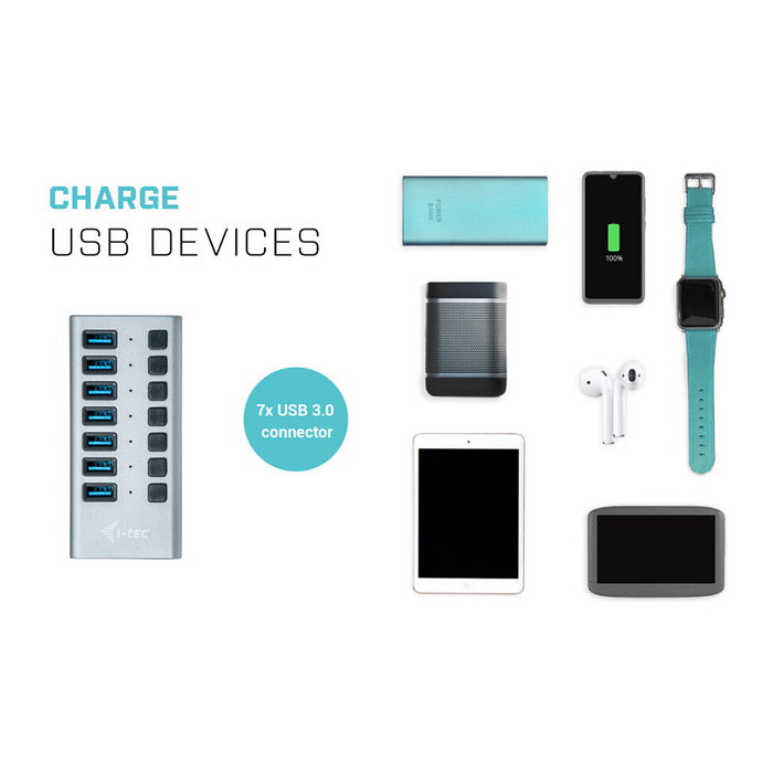 i-tec Hub USB 3.0 de 7 Puertos con Adaptador de Carga 36W - Concentrador USB con Alimentación