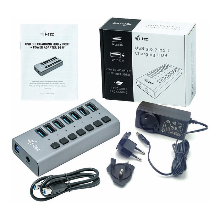 i-tec Hub USB 3.0 de 7 Puertos con Adaptador de Carga 36W - Concentrador USB con Alimentación