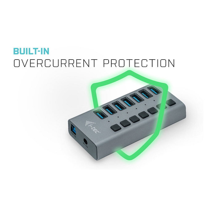 i-tec Hub USB 3.0 de 7 Puertos con Adaptador de Carga 36W - Concentrador USB con Alimentación