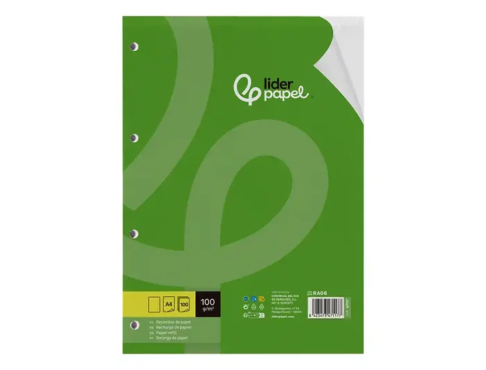 Liderpapel Recambio A4 100 Hojas 100gr Liso 4 Taladros Doble Margen