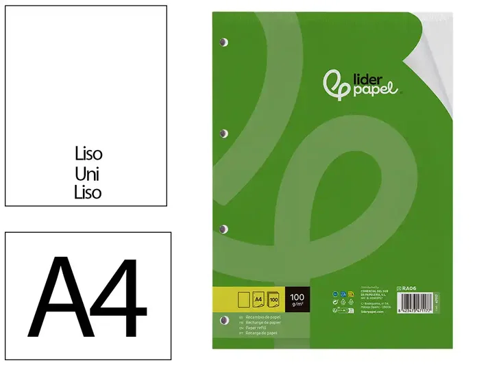 Liderpapel Recambio A4 100 Hojas 100gr Liso Doble Margen 4 Taladros