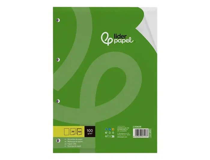 Liderpapel Recambio A4 100 hojas 100g liso con doble margen y 4 taladros Liderpapel Recambio A4 100 hojas 100g liso con doble margen y 4 taladros