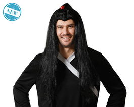 Peluca Larga Negra Estilo Samurai con Coleta y Adorno Rojo 200 gr - Ideal para Cosplay