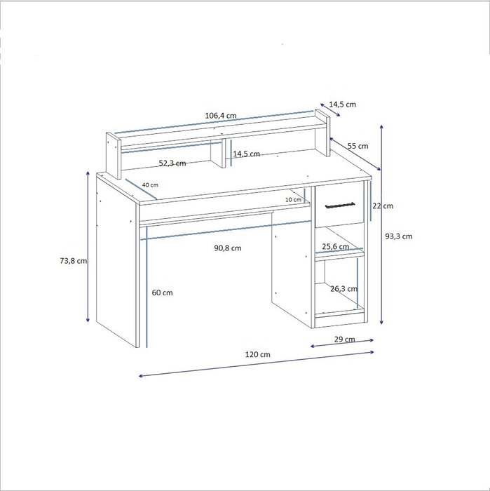 Hanah Home Mesa de Estudio Anthracite con Bandeja para Teclado, Cajón y Estantes, Montaje en Pared, 120cm