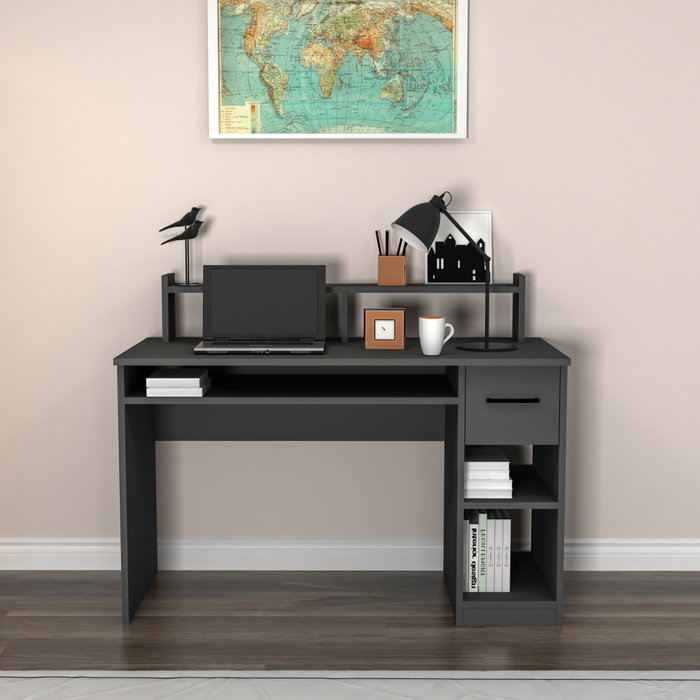 Hanah Home Mesa de Estudio Anthracite con Bandeja para Teclado, Cajón y Estantes, Montaje en Pared, 120cm