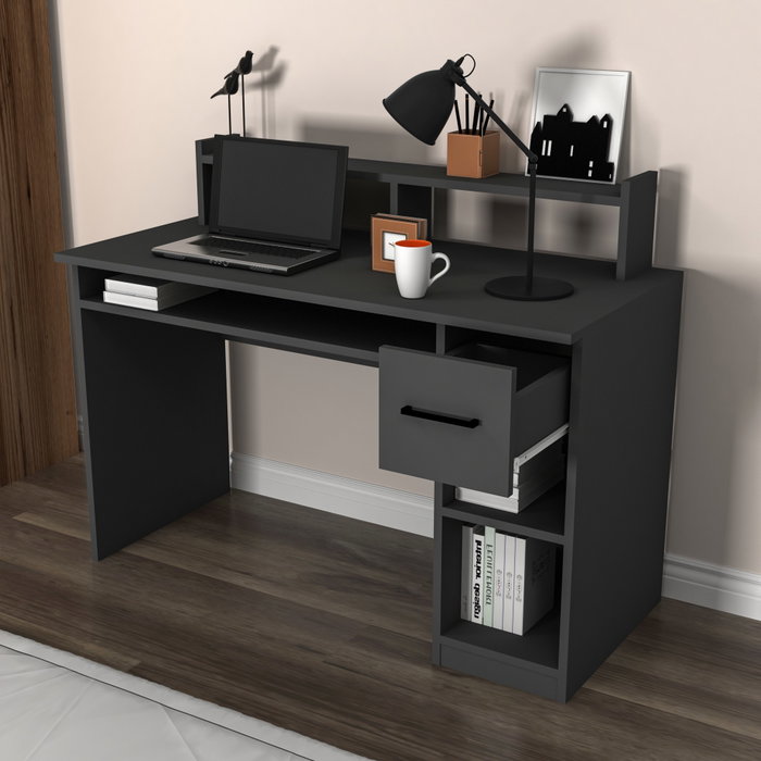 Hanah Home Mesa de Estudio Anthracite con Bandeja para Teclado, Cajón y Estantes, Montaje en Pared, 120cm