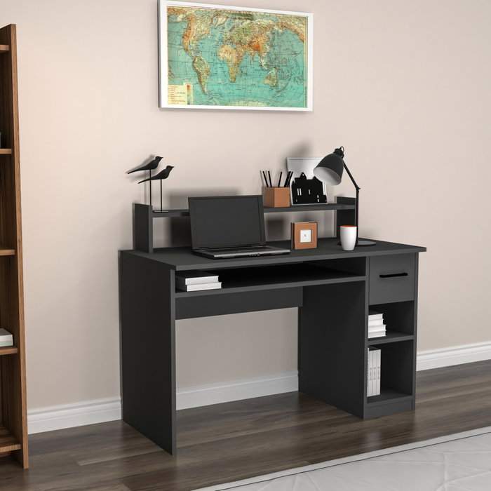 Hanah Home Mesa de Estudio Anthracite con Bandeja para Teclado, Cajón y Estantes, Montaje en Pared, 120cm