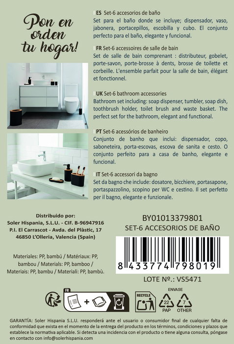 Inde Set de 6 Accesorios de Baño Confortime - Incluye Portarrollos, Toallero y Más, Dimensiones: 19.2 cm Ancho x 24.9 cm Alto x 19.2 cm Largo (6 Unidades)