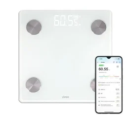 Livoo DOM528W Báscula de Impedancia Conectada, 17 Indicadores, Máx. 180 kg, 8 Perfiles, LED, Blanco