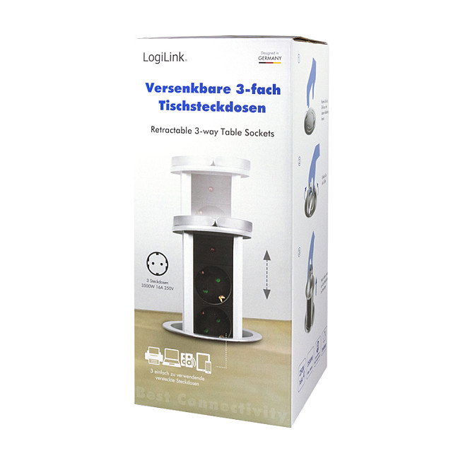 LogiLink LPS235A Regleta Emergente de 3 Tomas, Negro/Plata