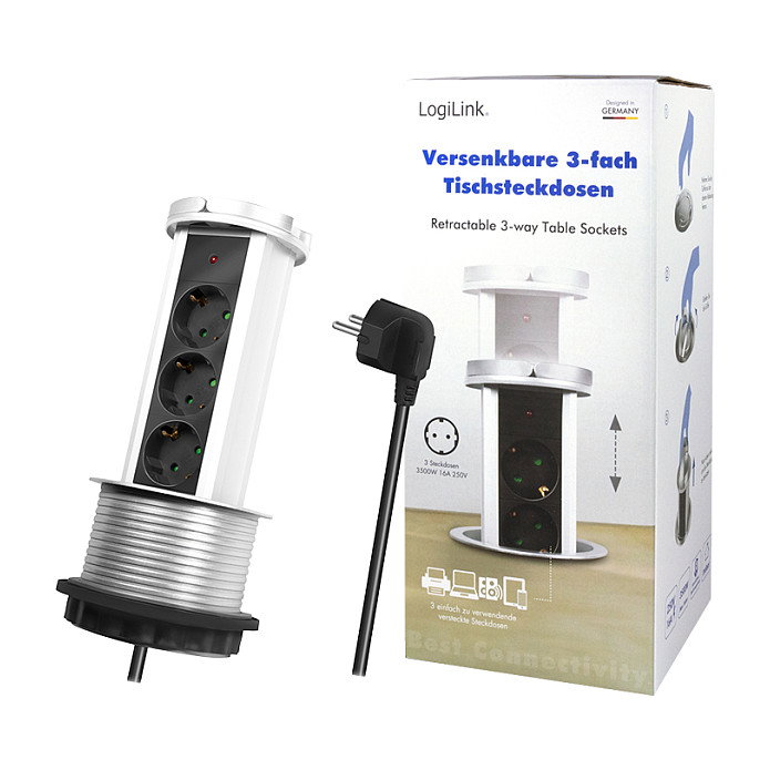 LogiLink LPS235A Regleta Emergente de 3 Tomas, Negro/Plata