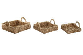 DKD Home Decor Set de 3 Bandejas de Fibra y Madera Natural