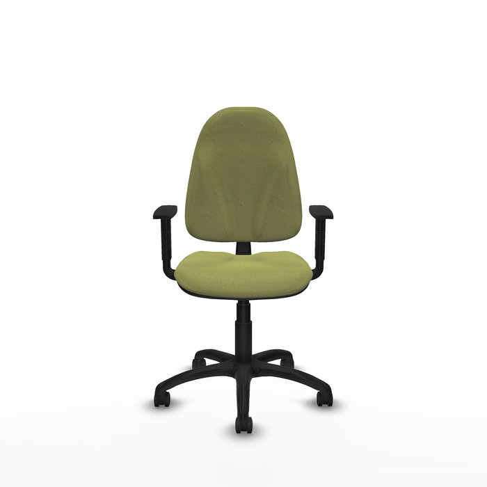 Silla de oficina Algarra con mecanismo Contacto permanente básico tapizada con Tela color Verde oliva. Equipada con Base poliamida negra, Brazos 1D y Ruedas autofrenantes