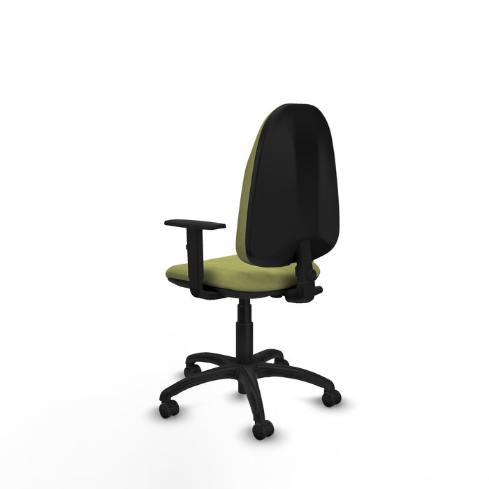 Silla de oficina Algarra con mecanismo Contacto permanente básico tapizada con Tela color Verde oliva. Equipada con Base poliamida negra, Brazos 1D y Ruedas autofrenantes