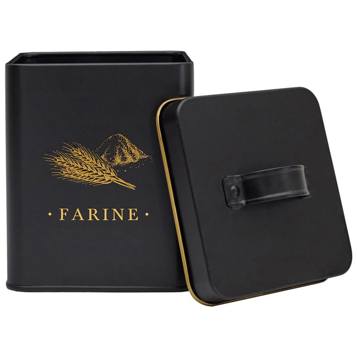 Cook Concept Bote Metal "Farine" Bistrot Negro Mate Con Ilustraciones Doradas 11,5x11,5x16 Cm