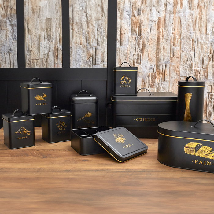 Cook Concept Bote Metal "Farine" Bistrot Negro Mate Con Ilustraciones Doradas 11,5x11,5x16 Cm