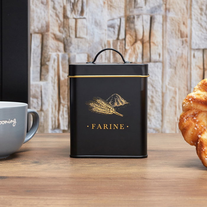 Cook Concept Bote Metal "Farine" Bistrot Negro Mate Con Ilustraciones Doradas 11,5x11,5x16 Cm