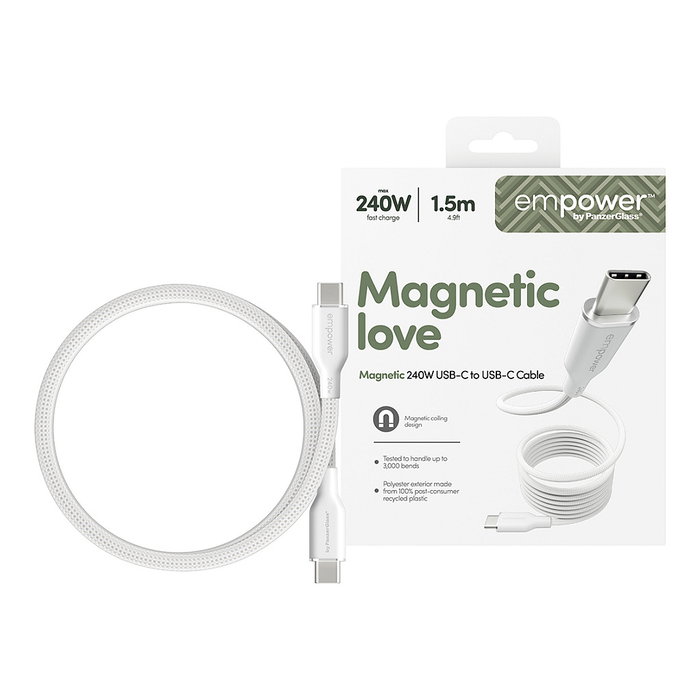 PanzerGlass empower Magnetic Cable USB-C to USB-C 240W, USB 2.0, 1.5m, Color Blanco Plateado, 1 Unidad
