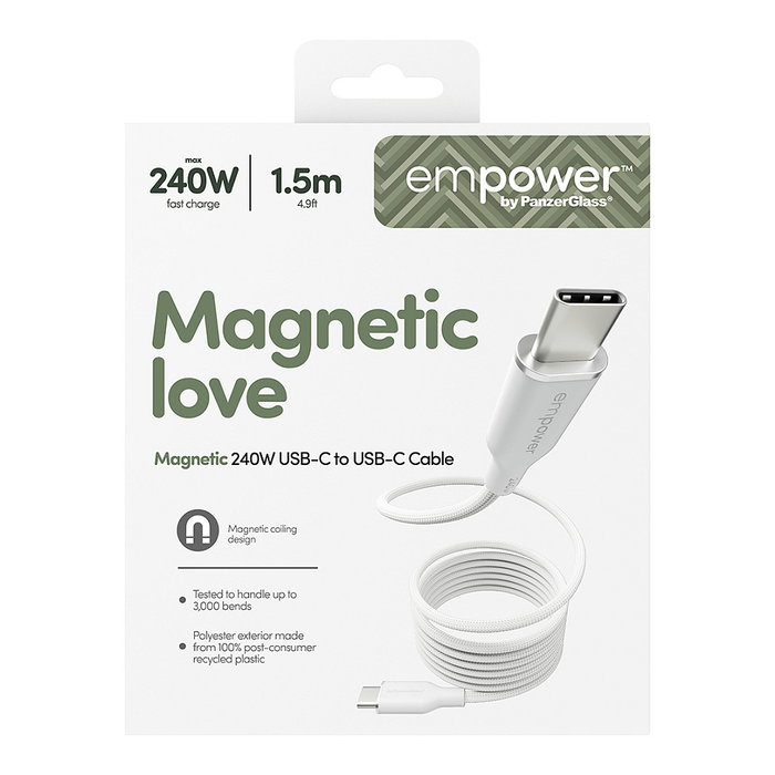 PanzerGlass empower Magnetic Cable USB-C to USB-C 240W, USB 2.0, 1.5m, Color Blanco Plateado, 1 Unidad