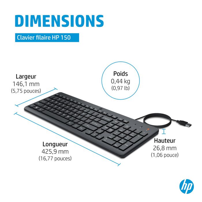 HP Teclado 150 Cableado con Cable USB Plug & Play, Indicadores LED y Teclas Silenciosas