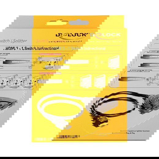 DeLOCK 87619 Switch HDMI bidireccional 3 en 1, con cable 0.6m, compatible HD 1080p (1920x1080), Plug and Play, Negro
