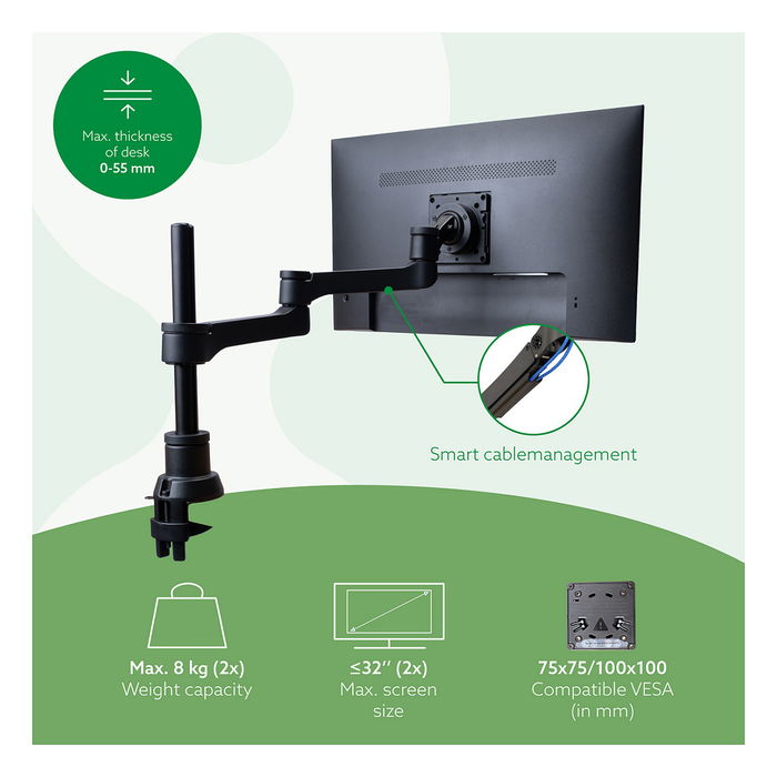R-GO Monitor Arm R-Go Zepher4 para Monitores de 0" a 32" hasta 8kg por Brazo, 2x TFT, Soporte de Pantalla de Brazo Simple
