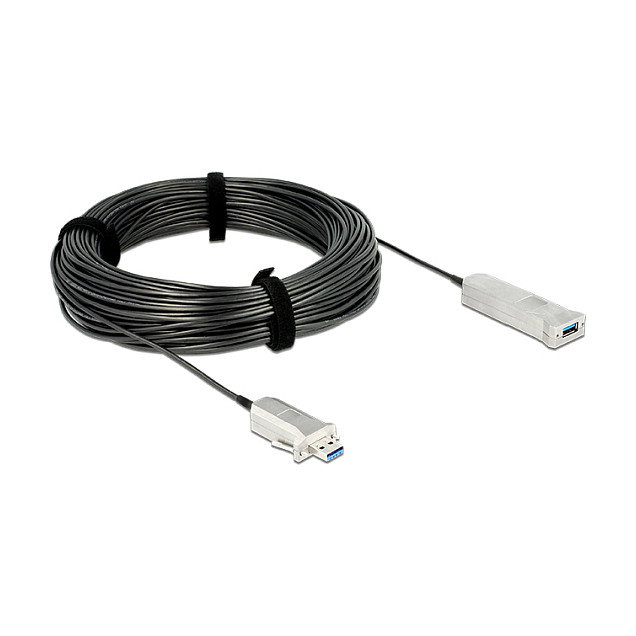 DeLOCK Cable Optico Activo USB 3.2 Gen 1, 5 Gbps, Conector USB A Macho a USB A/Micro USB B Hembra, 50 m, Negro/Plata