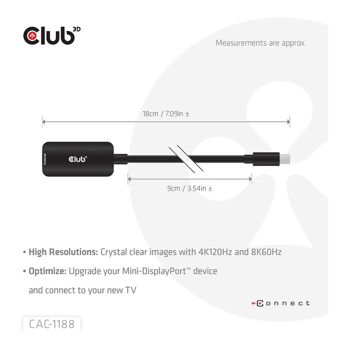 Club 3D CAC-1188 Adaptador Mini DisplayPort a HDMI 2.1 HDR 8K60Hz 0.09m Negro Club 3D CAC-1188 Adaptador Mini DisplayPort a HDMI 2.1 HDR 8K60Hz 0.09m Negro