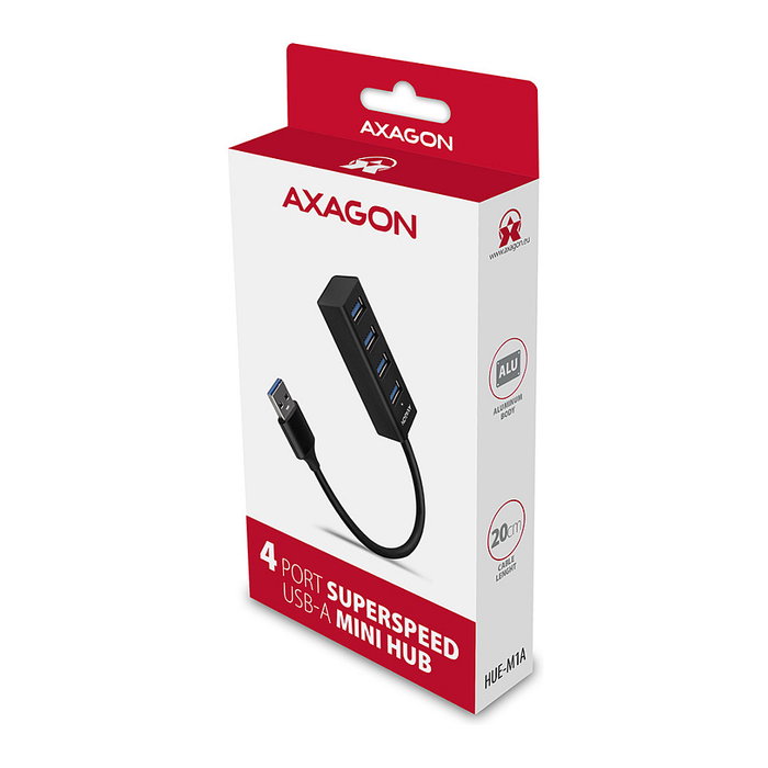 Axagon HUE-M1A Mini Hub USB Superspeed con 4 puertos USB 3.0, 20cm, negro