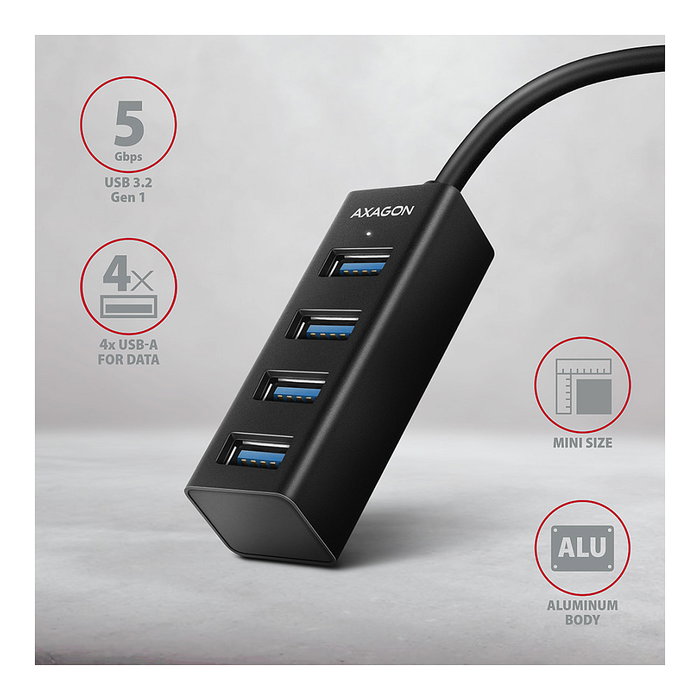 Axagon HUE-M1A Mini Hub USB Superspeed con 4 puertos USB 3.0, 20cm, negro