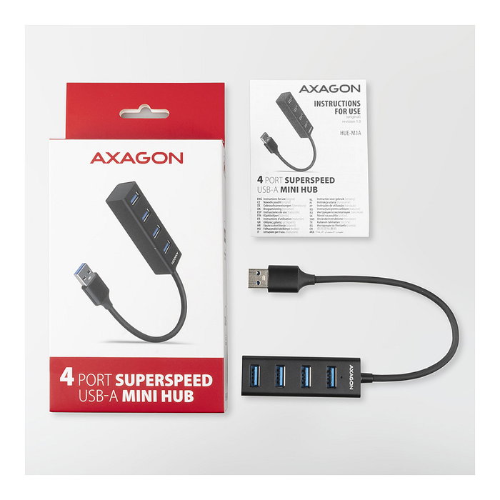 Axagon HUE-M1A Mini Hub USB Superspeed con 4 puertos USB 3.0, 20cm, negro