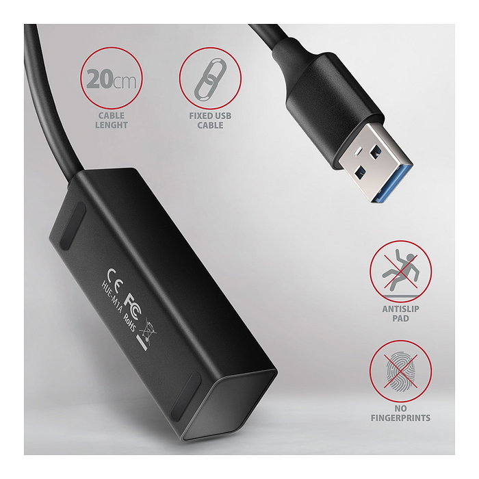 Axagon HUE-M1A Mini Hub USB Superspeed con 4 puertos USB 3.0, 20cm, negro