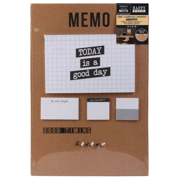 Dites-le avec des Mots Happy Working Memo/Calendario Perpetuo Tablón con Ganchos para Pared y Chinchetas 40x2x60 cm