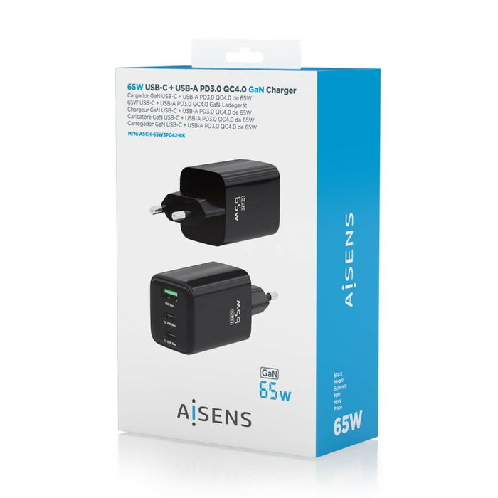 Aisens Cargador GaN 65W con 2x USB-C y 1x USB-A, Negro Aisens Cargador GaN 65W con 2x USB-C y 1x USB-A, Negro