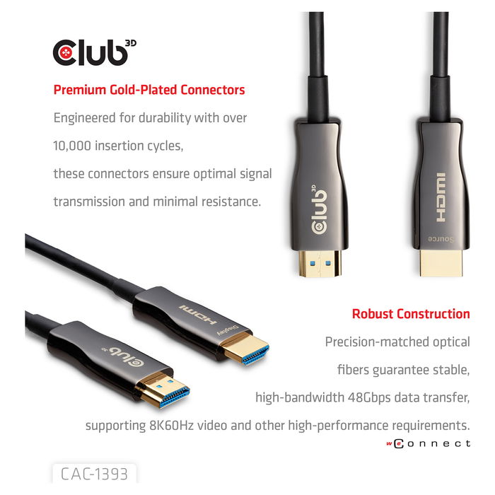 Club 3D CAC-1393 Cable HDMI a HDMI 2.1 Óptico Activo 8K60Hz UHD 50 Metros Negro