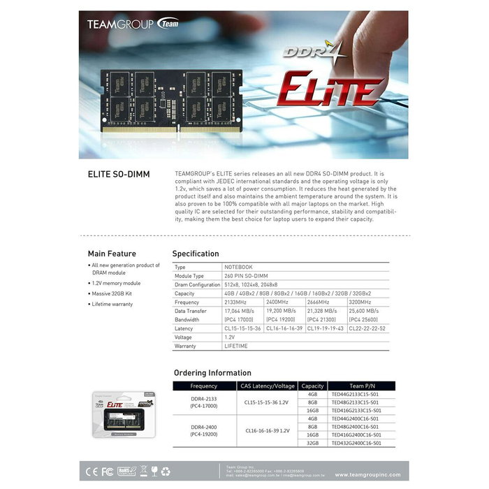 Team Group ELITE TED416G3200C22-S01 16 GB DDR4 3200 MHz SO-DIMM