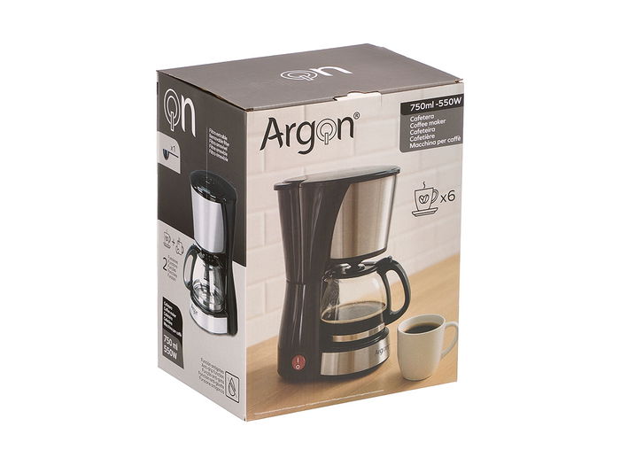 ARGON Cafetera Vaso Filtro 6 Tazas 750ml 550W Acero y Vidrio con Plato Calentador 22x16.5x28cm (Set de 6)