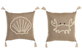 DKD Home Decor Cnacc 26 Cojín Mediterraneo Natural Blanco 45x45x12 cm (12 Unidades) Yute Poliester Bordado Cremallera