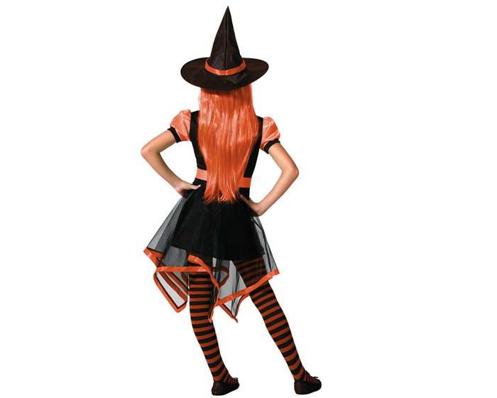 Disfraz Infantil de Bruja Halloween Niña 5-6 Años - Vestido Corto Naranja con Falda Asimétrica y Sombrero Puntiagudo