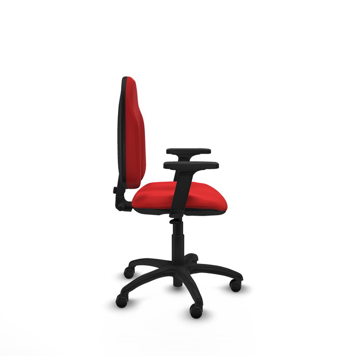 Silla de oficina Algarra con mecanismo Contacto permanente básico tapizada con Similpiel color Rojo. Equipada con Base poliamida negra, Brazos 2D y Ruedas de parqué