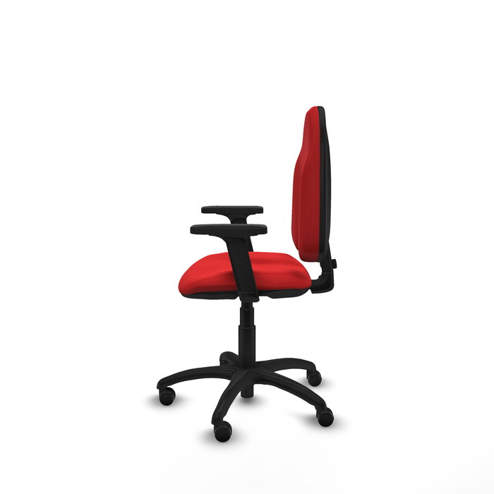 Silla de oficina Algarra con mecanismo Contacto permanente básico tapizada con Similpiel color Rojo. Equipada con Base poliamida negra, Brazos 2D y Ruedas de parqué