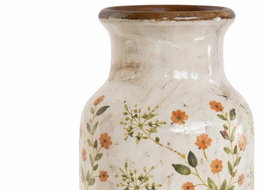 DKD Home Decor Jarrón de Gres Florecitas Craquelado Crema 15x15x31,5 cm