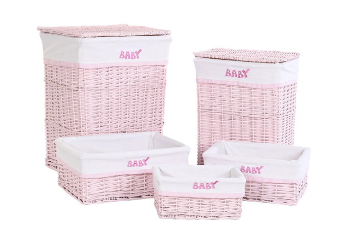DKD Home Decor Set de 5 Cestas para la Ropa de Mimbre y Poliéster, Rosa