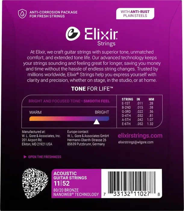 Elixir Juego Acústica Nanoweb 80/20 Bronze Cl 11-52 Cuerdas para Guitarra Acústica