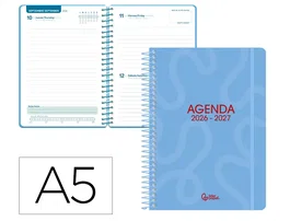 Liderpapel Agenda Escolar 2026-2027 Classic, A5, Día Página, Espiral, Interior Bilingüe Español-Inglés, Papel FSC 70g, Color Azul Turquesa