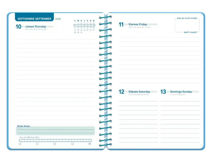 Liderpapel Agenda Escolar 2026-2027 Classic, A5, Día Página, Espiral, Interior Bilingüe Español-Inglés, Papel FSC 70g, Color Azul Turquesa