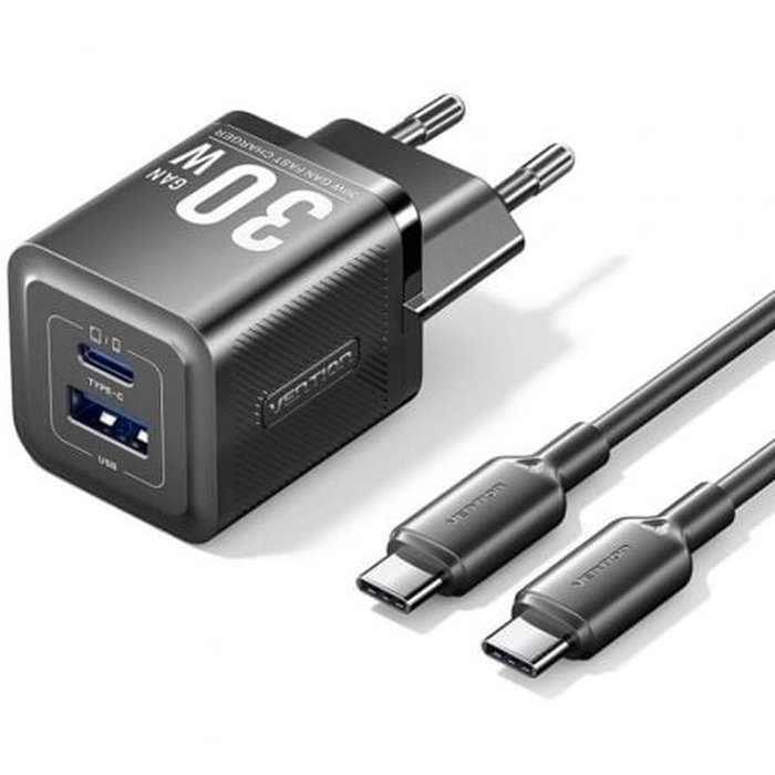 Vention Cargador de Pared GaN 30W con 1xUSB Tipo-C, 1xUSB y Cable USB Tipo-C TZ-FEQB0-EU-01 Vention Cargador de Pared GaN 30W con 1xUSB Tipo-C, 1xUSB y Cable USB Tipo-C TZ-FEQB0-EU-01