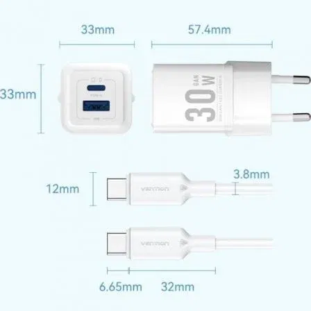 Vention TZ-FEQB0-EU-01 Cargador de Pared GaN 30W con 2 Puertos USB (Tipo-C y Tipo-A) y Cable USB-C