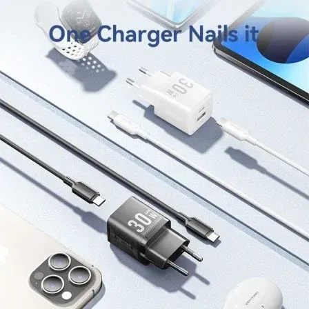 Vention TZ-FEQB0-EU-01 Cargador de Pared GaN 30W con 2 Puertos USB (Tipo-C y Tipo-A) y Cable USB-C