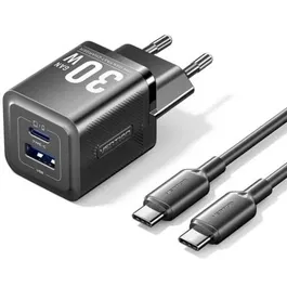 Vention TZ-FEQB0-EU-01 Cargador de Pared GaN 30W con 2 Puertos USB (Tipo-C y Tipo-A) y Cable USB-C